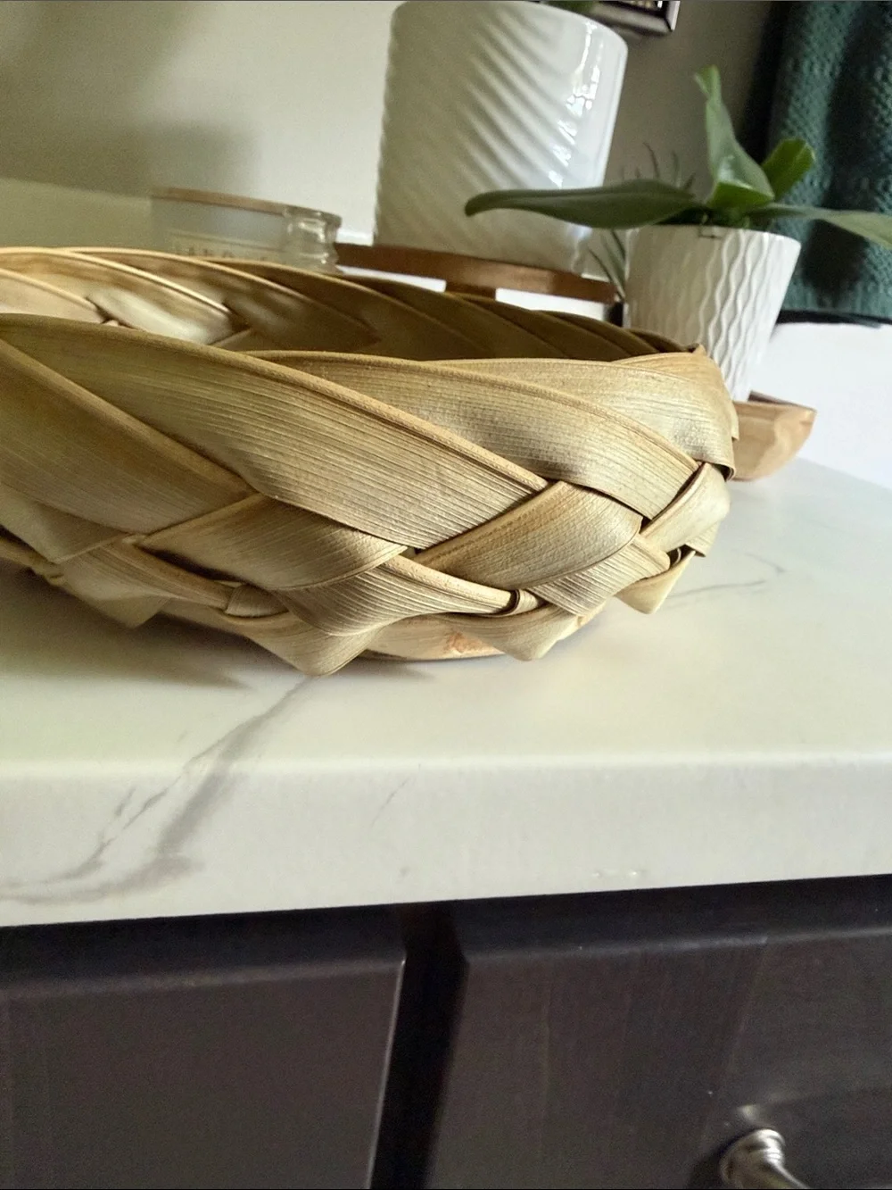 Handwoven Natural Palm Leaf Basket Bowl Rustic Farmhouse Coastal